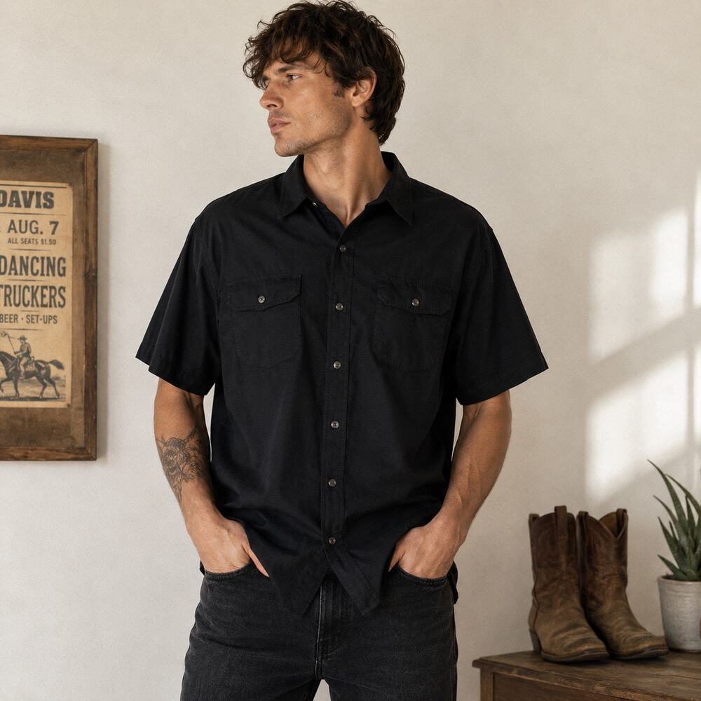 Wrangler Black Short Sleeve Button Up Shirt Mens XL Western Workwear Cotton